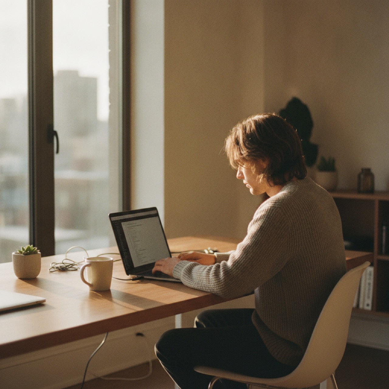 A Shopify app maker reviewing their revenue at a sunlit desk